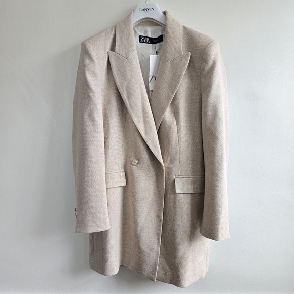 New Zara Double Breasted Lapel Collar Long Taupe Brown Blazer 8370/728/704 Large - Picture 7 of 10